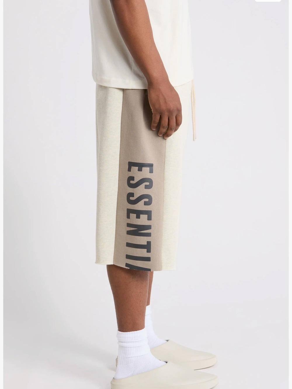 Fear of God Men's Cream Cropped Athletic Shorts with Gray Side Panels - Picture 3 of 9